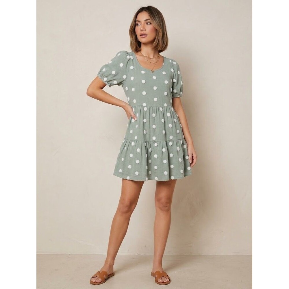 Blu Pepper Sage Green Textured Dot Mini Dress Size M Medium Puff Sleeve Cottage